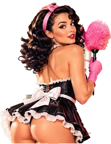 Adult retro-inspired cleaning professional with a pink bow holding a feather duster
